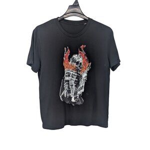 Skull Flame Graphic Print T Shirt Organic Cotton Goth Punk Streetwear Y2K Size L